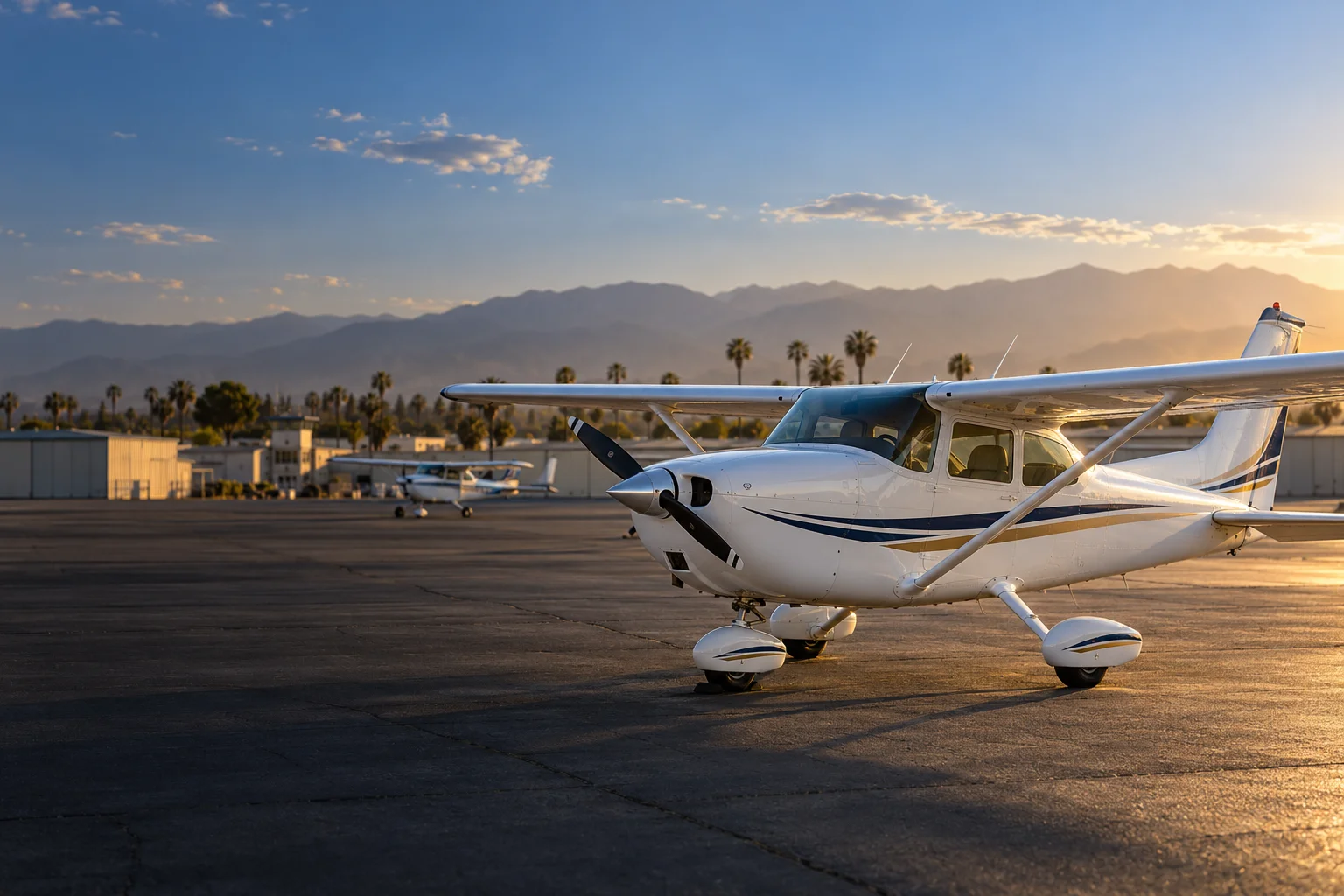 Illustration of a Cessna 172 on an airport ramp inspired by Chino Airport